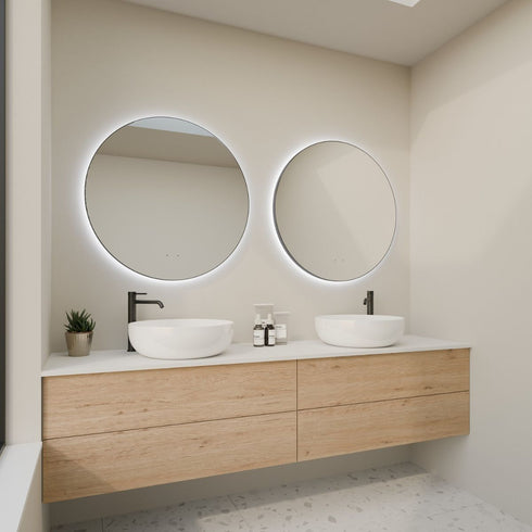 Meeray Anti-fog 3 Colour LED Round Bathroom Mirror - Matte Black Frame With Wave Motion Sensor