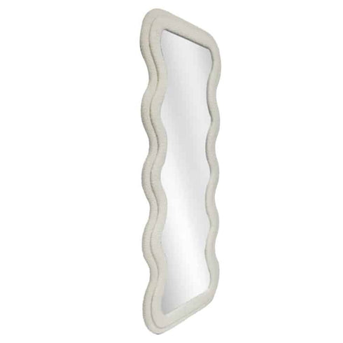 Contemporary wavy frame full body mirror wrapped in white teddy velvet