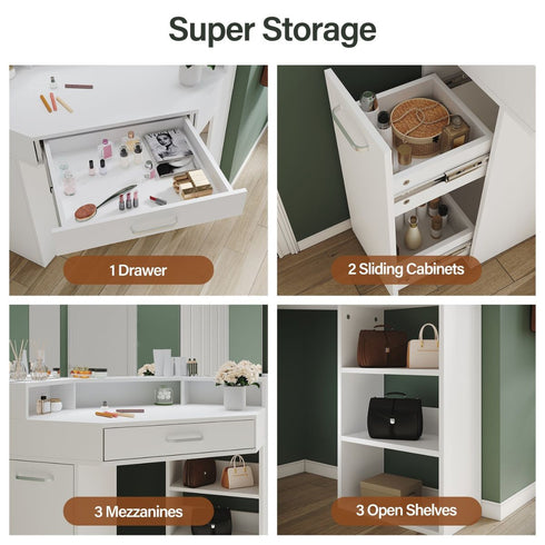 Evora White Corner Dressing Table with Triple Mirror & Storage - Makeup Vanity with Drawers