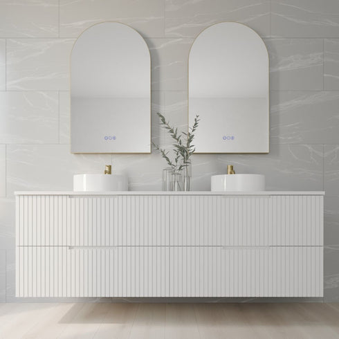 Allan Framed Anti-Fog LED Arched Bathroom Mirror - Brushed Gold with Optional Bluetooth Speaker