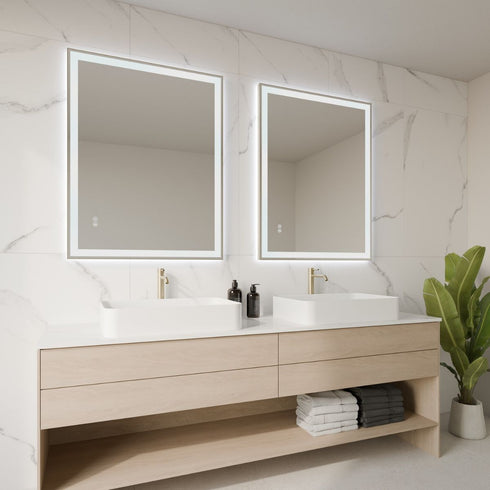Raelene Anti-Fog Frontlit & Backlit LED Bathroom Mirror - Brushed Gold Frame with Optional Bluetooth Speaker