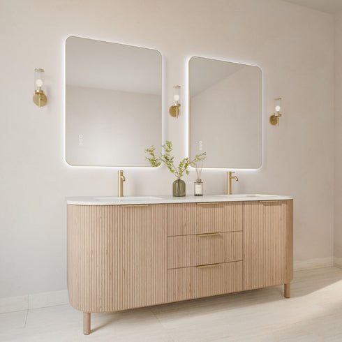 Graeme Rounded Corners Anti-Fog Backlit LED Bathroom Mirror - Brushed Gold Frame with Optional Bluetooth Speaker