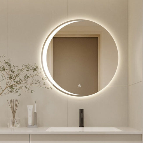 Malvern Anti-Fog Crescent Moon Backlit LED Round Bathroom Mirror with Touch Sensor