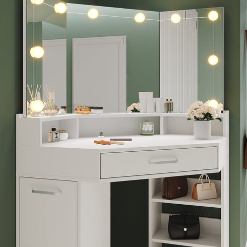 Evora White Corner Dressing Table with Triple Mirror & Storage - Makeup Vanity with Drawers