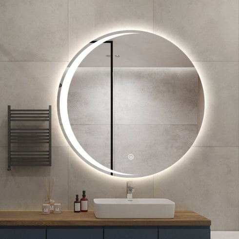 Malvern Anti-Fog Crescent Moon Backlit LED Round Bathroom Mirror with Touch Sensor