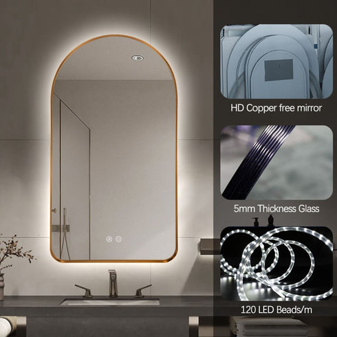 Meroo Arched Antifog Backlit LED Gold Wall Mirror