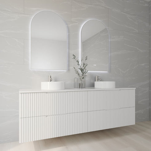 Allan Framed Anti-Fog LED Arched Bathroom Mirror - Brushed Nickel with Optional Bluetooth Speaker