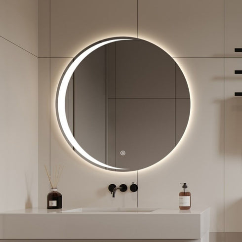 Malvern Anti-Fog Crescent Moon Backlit LED Round Bathroom Mirror with Touch Sensor
