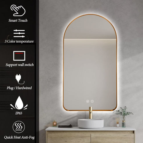 Meroo Arched Antifog Backlit LED Gold Wall Mirror