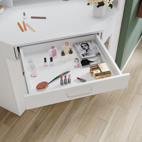 Evora White Corner Dressing Table with Triple Mirror & Storage - Makeup Vanity with Drawers