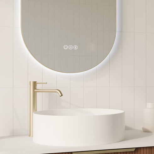 Cameryn Oval Anti-Fog LED Bathroom Mirror - Brushed Gold Frame with Optional Bluetooth Speaker