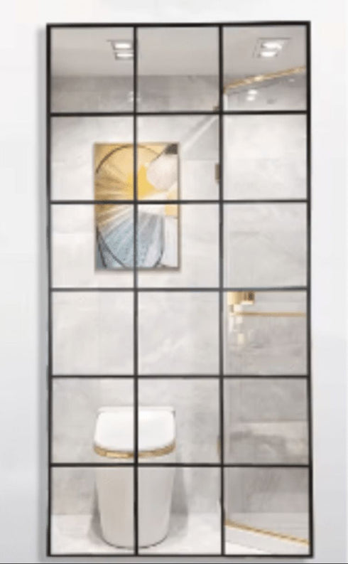 Modern industrial oversized wall mirror with block grid detailing