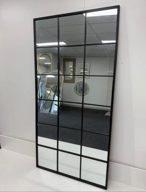 Contemporary industrial wall mirror with grid pattern and slim iron frame