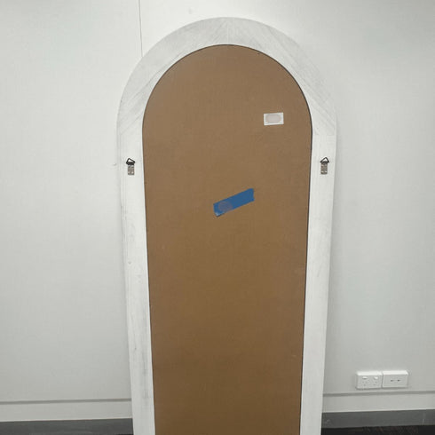 Backing and hardware detail of white solid wood framed mirror