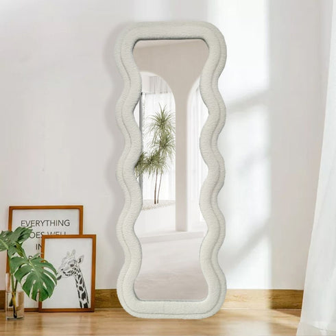 Cosy living room corner with wavy teddy velvet full length wall mirror