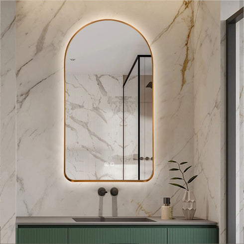 Meroo Arched Antifog Backlit LED Gold Wall Mirror