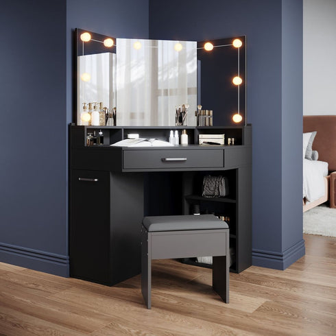 Marlo Black Corner Dressing Table with Triple Mirror & Storage - Makeup Vanity with Drawers