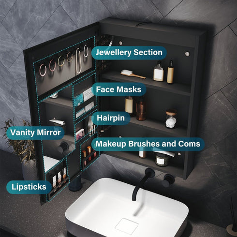 Dane Hemp Black LED Bathroom Cabinet with Makeup Storage Shelf