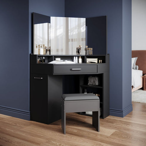 Marlo Black Corner Dressing Table with Triple Mirror & Storage - Makeup Vanity with Drawers