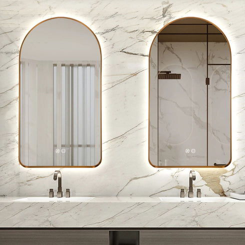 Meroo Arched Antifog Backlit LED Gold Wall Mirror