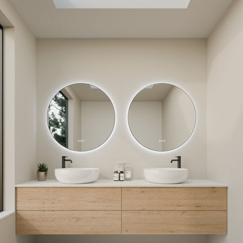 Meeray Framed Anti-fog LED Matte Black Round Bathroom Mirror with Optional Bluetooth Speaker
