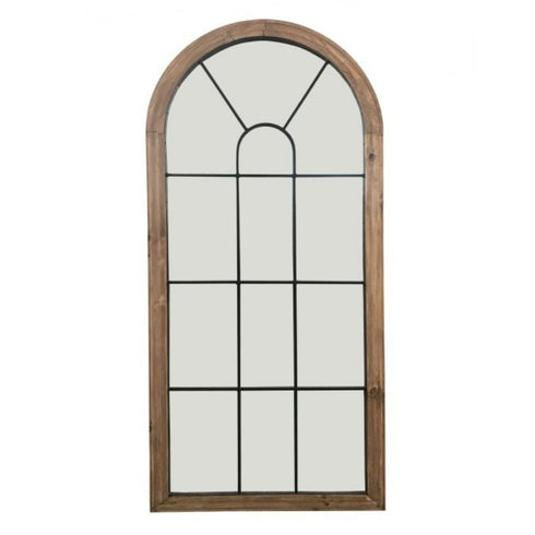 Clovelly Arched Iron Frame Recycled Pinewood Rustic Wooden Window Wall Mirror