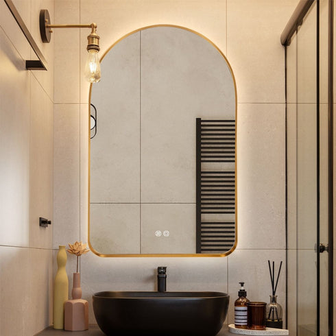 Meroo Arched Antifog Backlit LED Gold Wall Mirror