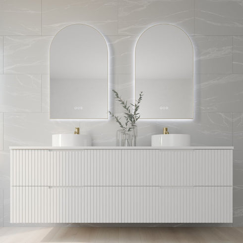 Allan Framed Anti-Fog LED Arched Bathroom Mirror - Brushed Gold with Optional Bluetooth Speaker