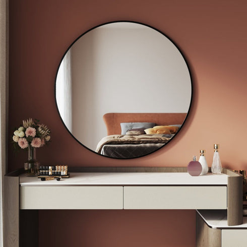 Front view of 80cm round black wall mirror with sleek aluminum frame