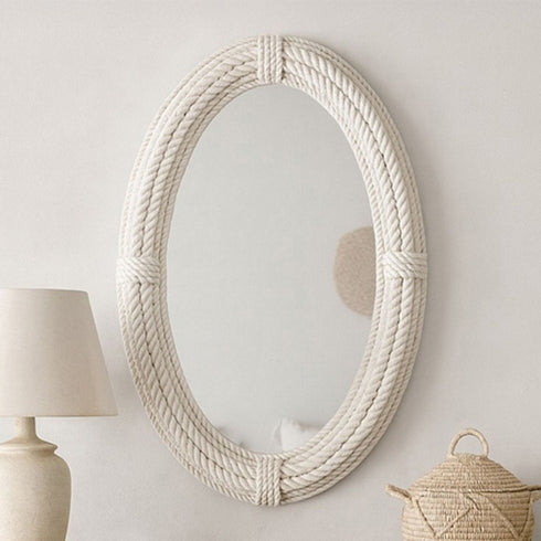 Georgie Hamptons Style Oval Mirror with Textured Rope Frame - Coastal Wall Mirror