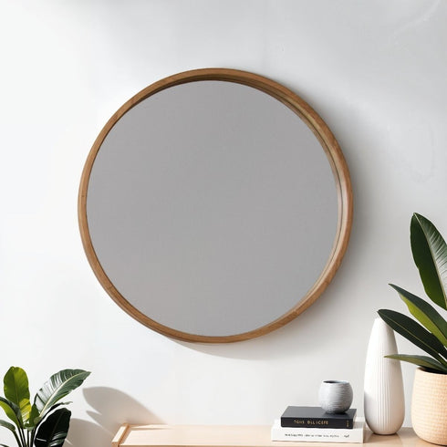 Gable Rubberwood Round Wall Mirror - Natural Wood Frame Decorative Mirror