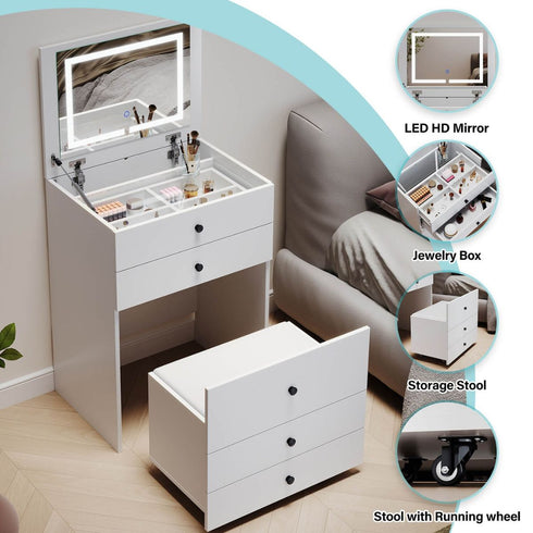 Lisandra Dressing Bedside Tables 2-in-1 Set - Hidden Makeup Mirror