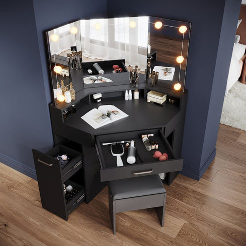 Marlo Black Corner Dressing Table with Triple Mirror & Storage - Makeup Vanity with Drawers
