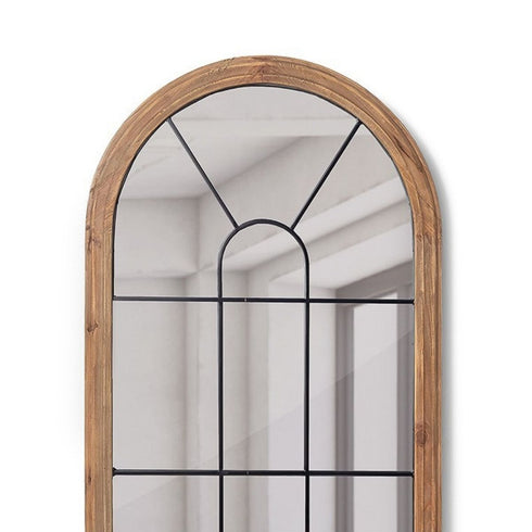 Clovelly Arched Iron Frame Recycled Pinewood Rustic Wooden Window Wall Mirror
