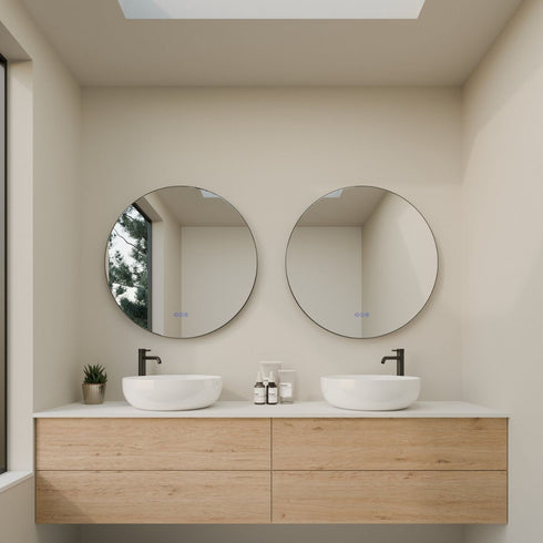 Meeray Framed Anti-fog LED Matte Black Round Bathroom Mirror with Optional Bluetooth Speaker