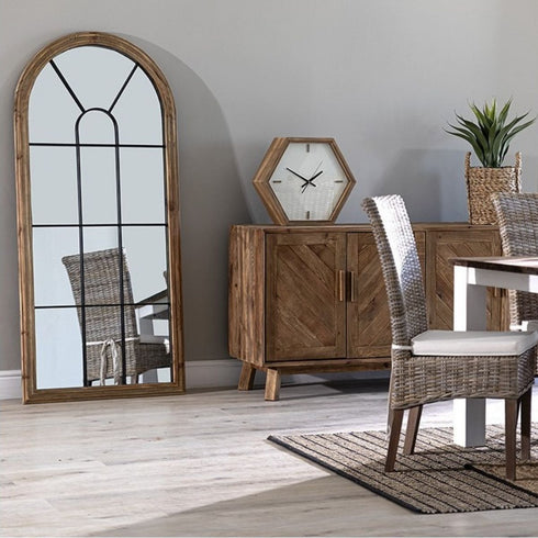 Clovelly Arched Iron Frame Recycled Pinewood Rustic Wooden Window Wall Mirror