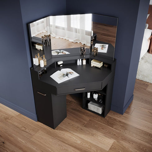 Marlo Black Corner Dressing Table with Triple Mirror & Storage - Makeup Vanity with Drawers