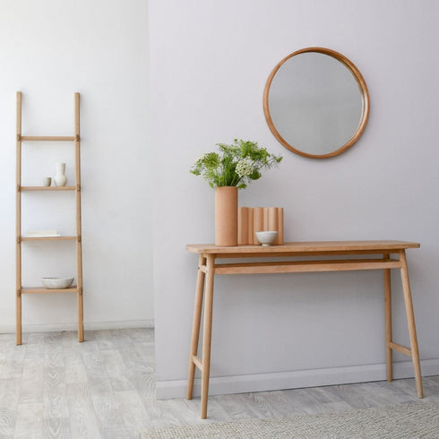 Gable Rubberwood Round Wall Mirror - Natural Wood Frame Decorative Mirror