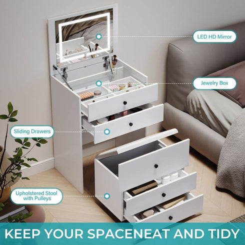 Lisandra Dressing Bedside Tables 2-in-1 Set - Hidden Makeup Mirror