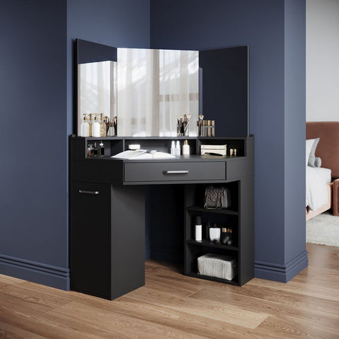 Marlo Black Corner Dressing Table with Triple Mirror & Storage - Makeup Vanity with Drawers