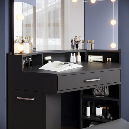 Marlo Black Corner Dressing Table with Triple Mirror & Storage - Makeup Vanity with Drawers