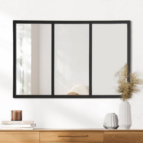 Kiama Black 3 Panel Window Frame Wall Mirror - Industrial Grid Decorative Mirror