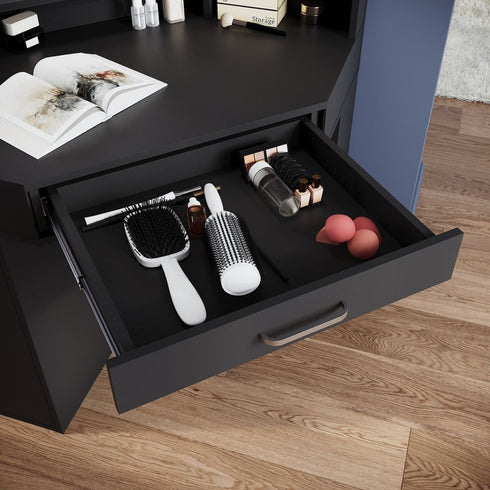 Marlo Black Corner Dressing Table with Triple Mirror & Storage - Makeup Vanity with Drawers