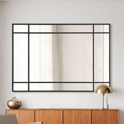 Whitsunday Black Grid Frame Rectangular Wall Mirror - Industrial Panel Mirror
