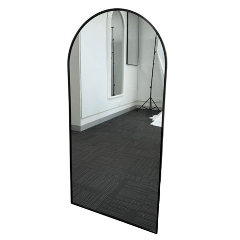 Modern black framed arched mirror for bedroom, hallway, or entryway