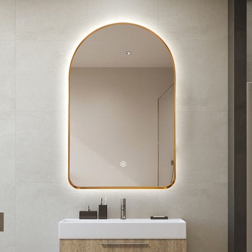 Meroo Arched Antifog Backlit LED Gold Wall Mirror