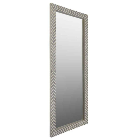 Full length rectangular wall mirror with zebra fishbone patterned frame in natural tones