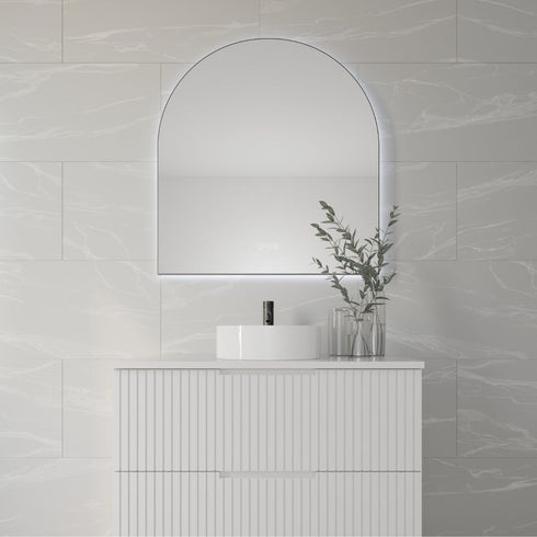Allan Framed Anti-Fog LED Arched Bathroom Mirror - Matte Black with Optional Bluetooth Speaker