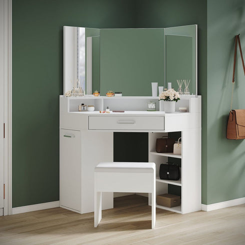 Evora White Corner Dressing Table with Triple Mirror & Storage - Makeup Vanity with Drawers