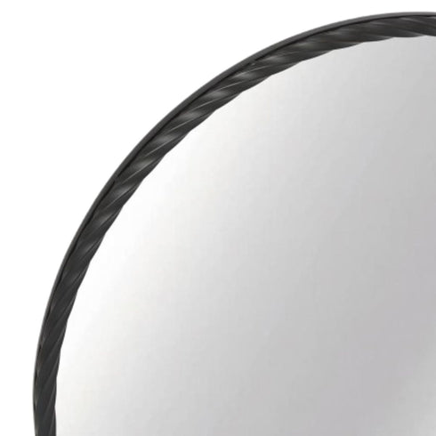 Side view of Loen Black Round Wall Mirror highlighting rope-twist frame